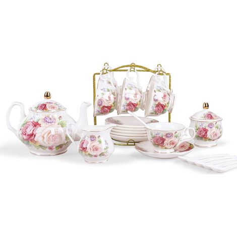 Service à thé Porcelaine Floral Service à café Ensembles de thé Vintage avec Tasses à café Soucoupes (1/5)