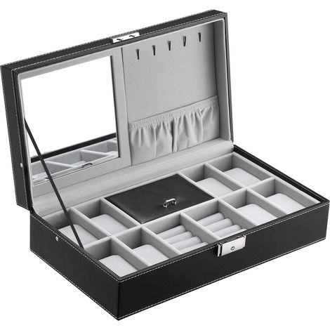 Boîte de rangement pour montres et bijoux avec miroir, noire (1/5)