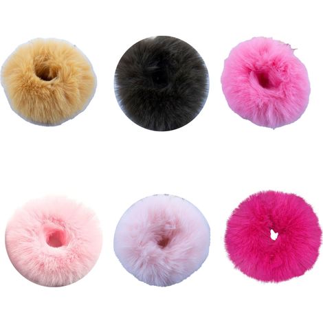 Scrunchie Fourrure Faux Lapin - Élastique Cheveux Fluffy - Accessoire Coiffure Rose Fuchsia - Lot de 6 Pièces (1/5)