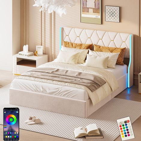 Dans Les Nuages – Lit coffre 160x200 cm avec éclairage LED – Rangement hydraulique – Tissu velours beige – Sommier à lattes moderne