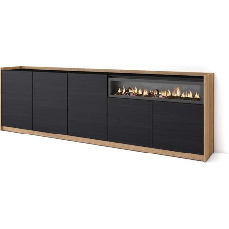 Aparador Benadalid-01 de 260x80x37 cm con 5 puertas, chimenea y luces LED, color negro y roble (1/4)