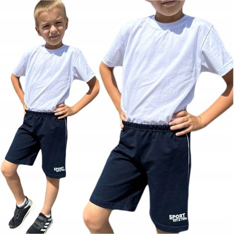 Tenue de sport garçon : blouse de sport blanche et short bleu marine PL 158 (1/5)