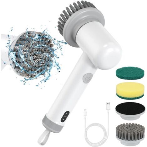 Spazzola elettrica per la pulizia, spazzola portatile senza fili con 4 testine sostituibili, ricaricabile tramite USB, impermeabile, silenziosa, per piastrelle di cucina, bagno e vasca da bagno