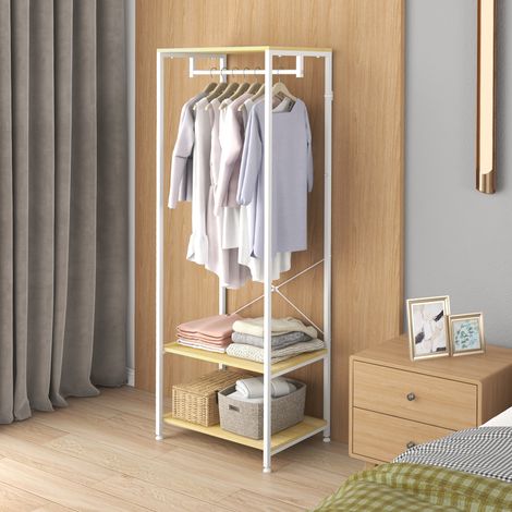 2-in-1-Garderobe mit 2 Ablagen für Mäntel und Schuhe, moderne, freistehende Garderobe aus Stahl und Spanplatte, 60 x 40 x 167,5 cm, Weiß und Holzfarben