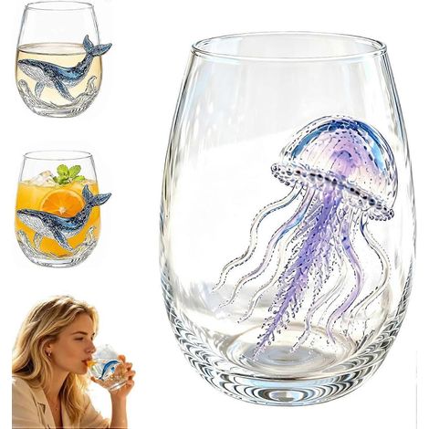 Verrerie artisanale 3D à motif pieuvre verres à vin sans pied bleus à anneaux verres de bar artisanaux motif animal océanique (1/5)