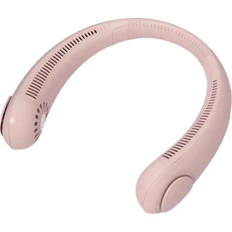 Ventilador de cuello compacto y portátil, ideal para estudiantes deportistas. Recargable por USB, con gran capacidad de ventilación. Material: ABS rosa y silicona ajustable.