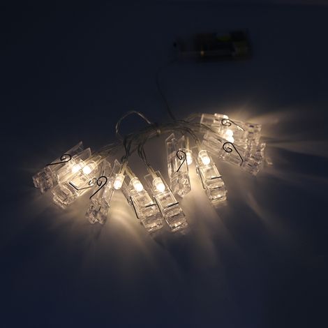 Guirlande Lumineuse Led - 10 Lampes Avec Pinces À Linge - Alimentation Par Pile - Décoration Photo Murale - Blanc Chaud (1/5)