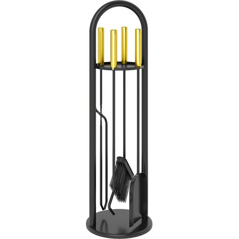 Outsunny juego utensilios chimenea de 5 piezas, accesorios para chimenea de metal con escoba, pala, 1 par de tenazas, atizador y soporte, dorado (1/5)