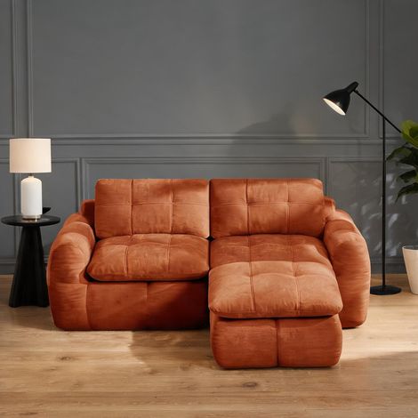 Canapé d'angle modulable en chenille orange avec pouf (1/5)