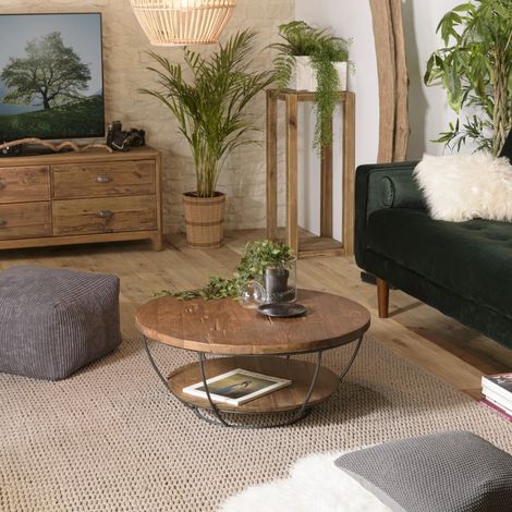 SIXTINE - Table basse ronde 80x80cm plateau bois teck recyclé noir (1/4)