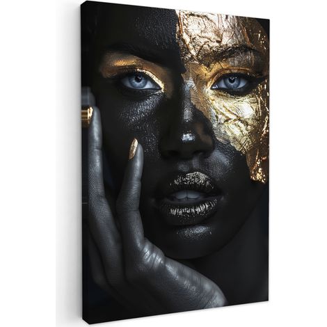 TABLEAU SUR TOILE Femme - Or - Portrait - Noir et blanc - Luxe Tableau Chambre Adulte 90x140 cm
