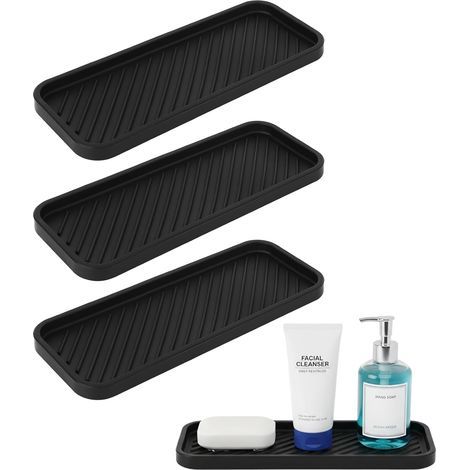 3 Pcs Plateaux de Rangement en Porte Eponge Evier, Porte éponge Silicone Noir, Plateaux d'évier en Silicone, Tapis de Drainage Antidérapants pour Distributeur de Savon Salle de Bain Accessoires (1/5)