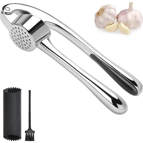 Presse-ail, livré avec éplucheur et brosse, outil de cuisine, argenté, avec poignée, outil efficace pour faire de la sauce à l'ail (1/5)