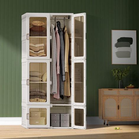 Kleiderschränke mit 10 Fächern, 6 Türen, 1 Aufhängung – Faltbarer Kleiderschrank mit transparenten Türen, Aufbewahrungsmöbel, Kleiderschrank, PP+ABS+Magnet, 69x50x170cm – Weiß