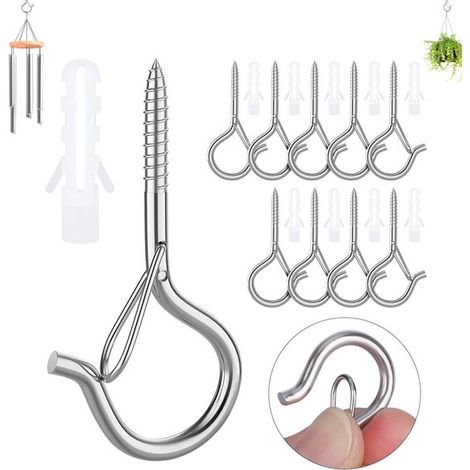 Lot de 10 crochets de plafond et de suspension en acier inoxydable de type Q avec boucle de sécurité pour guirlandes lumineuses et plantes - Argent (1/5)