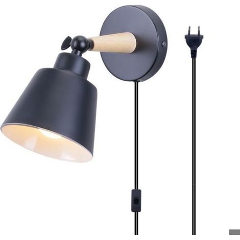 Bardusch - WOTTES Vintage Applique Murale Réglable Industrielle en Métal et Bois, Luminaire d'intérieur avec Interrupteur 1.8M Corde - Noir (1/4)