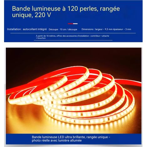 Bande lumineuse LED 20 m auto agrippante 120 LEDs jaune chaud, 220V avec interrupteur, pour salon et séjour (1/4)