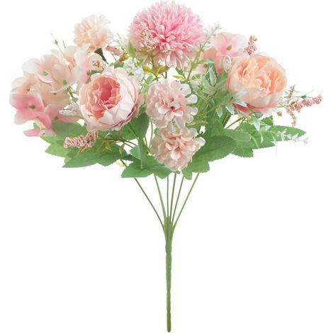 Künstliche Blumen – Set mit 2 Sträußen aus hellrosa Seidenpfingstrosen, Hortensien, Nelken und Gänseblümchen – Dekoration für drinnen und draußen – 12 Stiele (1/5)