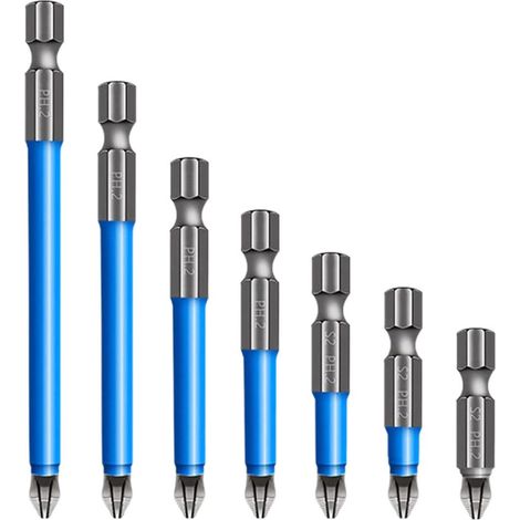 Lot de 7 embouts de tournevis magnétiques antidérapants, PH2 cruciformes, longueurs 25/50/65/70/90/127/150 mm