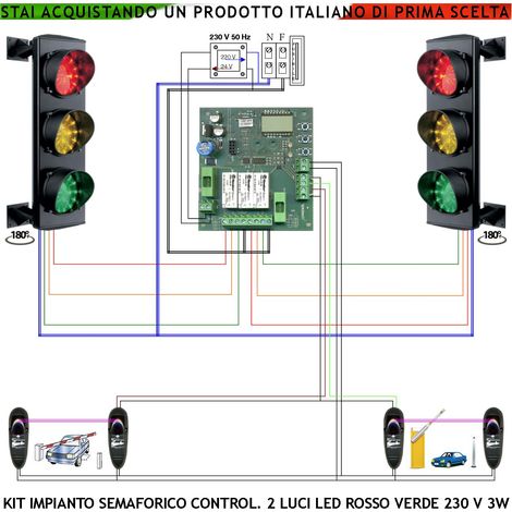 Impianto Semaforico 24 Led Rossi 24 Led Gialli 24 Led Verdi 230 V 50 Hz 3 W CE IP65 180° Funzioni Controllate da 2 Coppie di Fotocellule Tempi Regolabili da 3 a 240" Ingresso Uscita Veicoli Condominio (1/4)