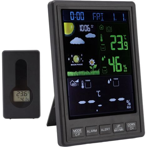 Kabellose Wetterstation für drinnen und draußen, schwarzes Farbdisplay, 3 Kanäle, einstellbare, hintergrundbeleuchtete Uhr und Thermometer für Zuhause (1/5)