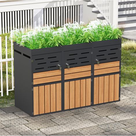 REDOM armario exterior 199x80x128 cm, jardinera integrada, ventilación de lamas, 3 compartimentos, chapa metálica gris (1/5)