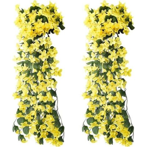 UlisemLot de 2 fleurs artificielles suspendues - Fleurs artificielles - Violet - Glycine - Plantes suspendues - En plastique - Pour bureau, maison, fête, mariage, décoration de maison - Jaune (1/4)