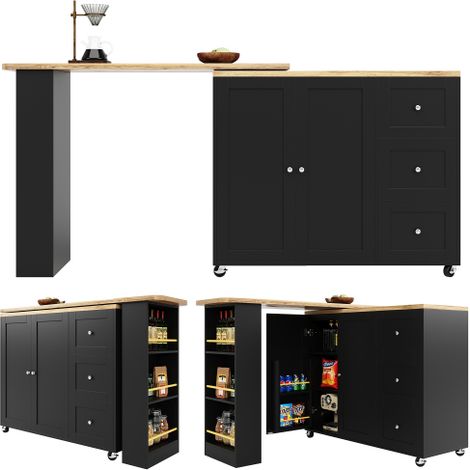 Table haute pivotante à 360° sur roulettes, Noir — Comprend trois tiroirs et une tablette de service. Un îlot de rangement multifonction, idéal pour la cuisine et le salon.