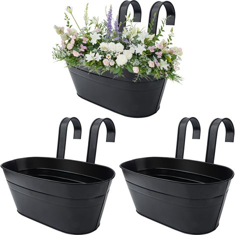 Lot de 3 grands pots de fleurs à suspendre en métal avec crochet amovible pour balcon, clôture, jardin, décoration d'intérieur (3, noir) (1/5)
