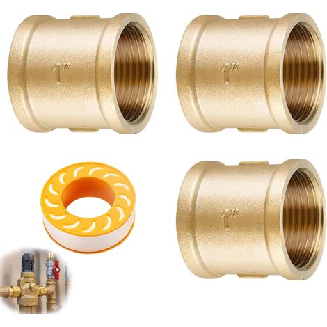 Lot de 3 manchons en laiton 1" - Filetage intérieur - Manchon Messin - 1" IG/IG - En laiton - Double raccord fileté intérieur avec ruban adhésif - Pour chauffage, projets de bricolage et sanitaires (1/5)