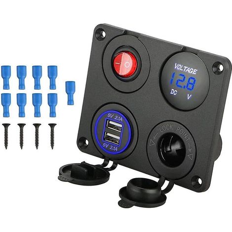 Panneau de commutation en aluminium pour chargeur USB double, voltmètre à LED, prise 12 V + interrupteur marche/arrêt, bande de boutons à 4 trous pour voiture, bateau, camion, moto, camping-car, VTT