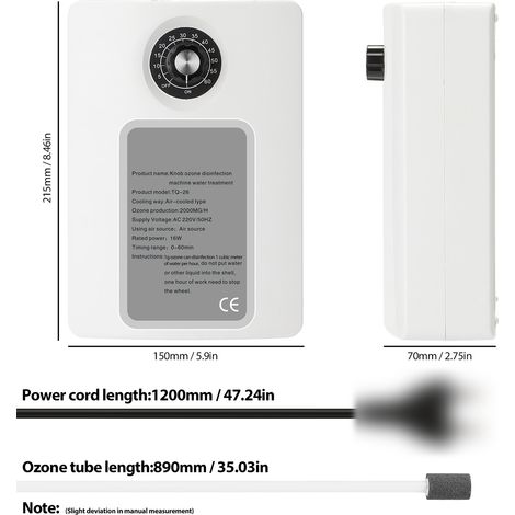 Générateur d'ozone actif portable KKmoon TQ-26, purificateur d'air 2000mg/h, désodorisant, ioniseur, appareil multifonction maison pour préparation alimentaire, fruits, légumes et eau (1/4)