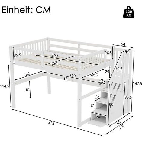 Lit mezzanine enfant 140x200 cm - Bureau intégré - Tiroirs de rangement - Blanc - 2 places (1/5)