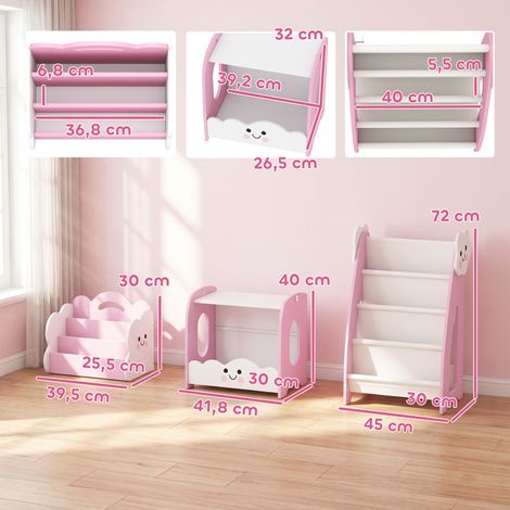 3-in-1 Kinderregal mit Spielzeugaufbewahrung, Modularer Bücherregal mit 4 Taschen & 3 Ebenen sowie Nachttisch, Rosa (1/5)