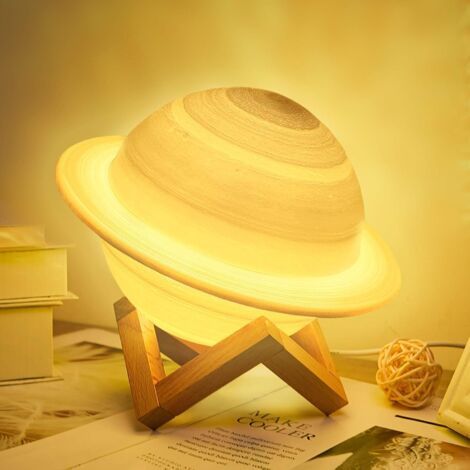 QORVA-Lampe Lune  16 Couleurs LED Rechargeable Lampe Saturne 3D 15CM Dimmable Lampe Nuit avec Support en Bois et Filet Suspendu, Télécommande et Contrôle Tactile Cadeau Parfait pour Bébé Amis