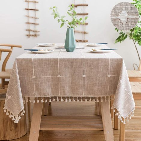 Nappe en coton 140x220 cm, rectangulaire, lavable, en lin, élégante, séchable en machine, avec pompons, idéale pour la maison et la cuisine. (1/5)