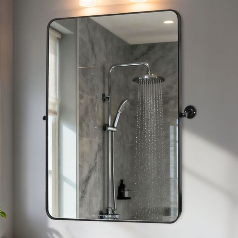Rectangle Pivot Mirror Matt Black Framed Mirror Wall Mounted for Bathroom Vanity, 60cm x 80cm