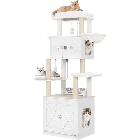 Arbre à Chat avec Meuble Litiere Chat, Mangeoire, Hauteur 173 cm, avec Grande Plateforme, Corde en Sisal, Hamac, Coussin Lavable, Balles en Peluche, Blanc (1/5)