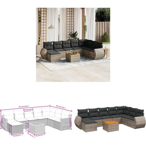 9-tlg. Garten-Sofagarnitur mit Kissen Grau Poly Rattan - Gartenmöbel - Esstischgarnituren - Outdoor Möbel - Lounge Set - Rattan Gartenmöbel - Home & Living