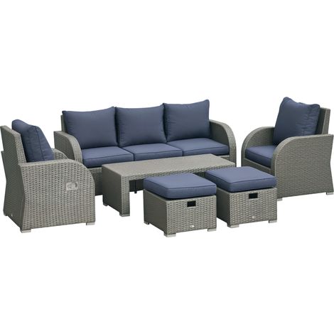 Outsunny 6pc Padded Outdoor Rattan Wicker 3-Seat Sofa Recliner Footstool Table Blue