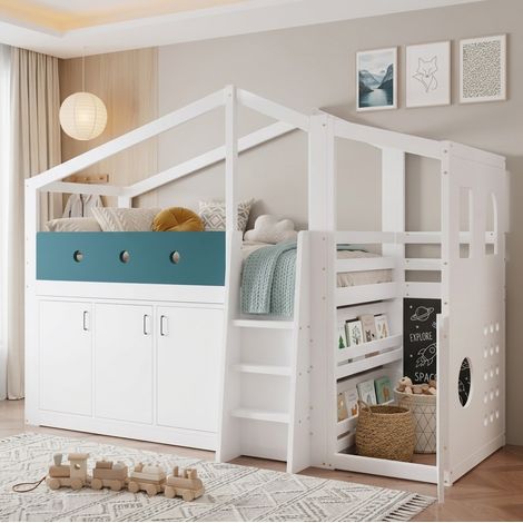 Cama infantil semialta 90x200 cm en forma de casa, con almacenaje y juego OKMYHOME (1/5)