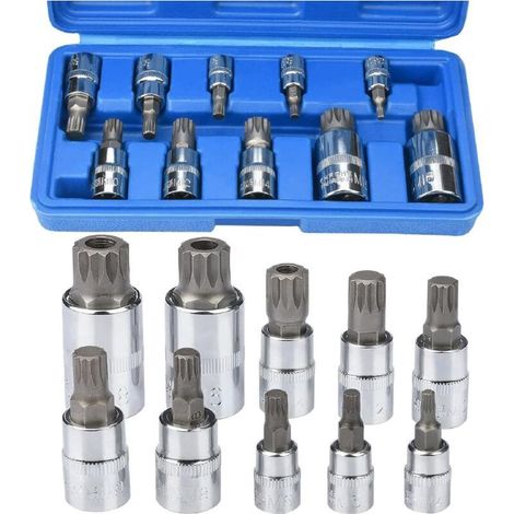 0 – Douille Torx mâle 1/2'' 3/8'' 1/4'' – Embouts 12 pans M4 M5 M6 M8 M10 M12 M14 M16 M18 – Acier chrome vanadium – Boîte de rangement (1/4)