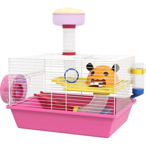 Mehrfarbiger Käfig für Hamster, Ratten und andere Nagetiere mit Plattform, Trinkflasche, Laufrad und Häuschen, 34 x 27 x 25 cm, rosa (1/5)