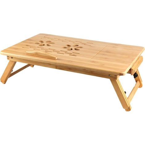 bandeja de bambú, ajustable, patas plegables, soporte de metal, ranura para tazas, para cama y sofá. (1/5)