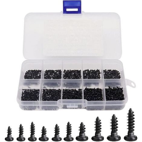 1000 Pcs mini vis à bois cruciformes auto-taraudeuses à tête ronde Mini vis M1 M1.2 M1.4 M1.7 Vis à Bois Cruciformes Assortiment Micro vis de haute Précision avec Boîte de Plastique-Noir (1/4)