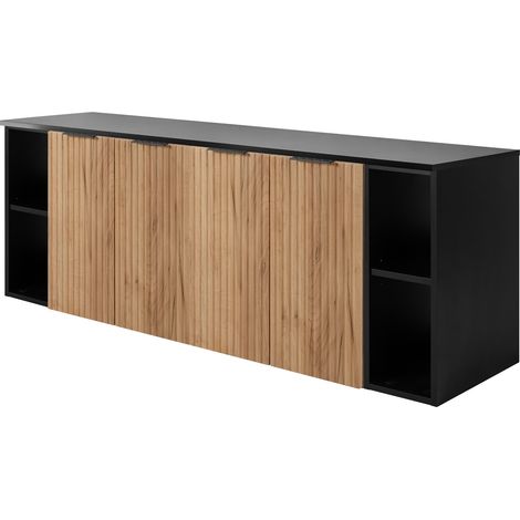 Furnidea - Meuble sous vasque suspendu FLOW CHÊNE 160 cm avec 2 x l'étagères - extensions et plan NOIR - 4 portes - façades rainurées (1/5)