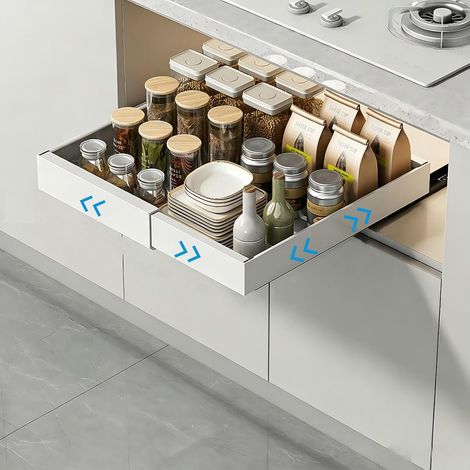 Drawer Sliding Kitchen Storage Cupboard Adhesive Carbon Steel Drawer Organizers Extendable from 32 to 52 cm No Drilling or Nailing Required (White, 1 Piece) (1/5)