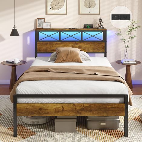 Cadre de Lit 90x200 cm en Métal - Lit 1 Personne avec Tête de Lits LED RGB, 2 Prise AC + 2 Ports USB (A&C), Style Vintage Industriel-lit Simple pour Chambre Étudiante/Adulte - Montage Rapide (1/5)