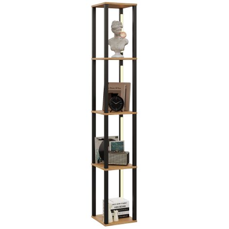 Étagère haute minimaliste 4 niveaux, plateaux bois + structure métallique noire, bande LED tricolore intégrée, dimensions 21×26×165cm, meuble décoratif de rangement pour les coins du salon (1/5)