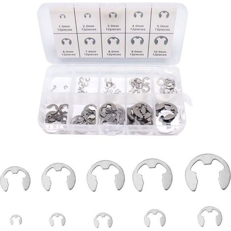 Anneaux de retenue internes, anneau de retenue interne, anneau de retenue type E, jeu d'anneaux de retenue type E en acier inoxydable, 120 anneaux de retenue type E - Acier - 10 tailles - (1/4)